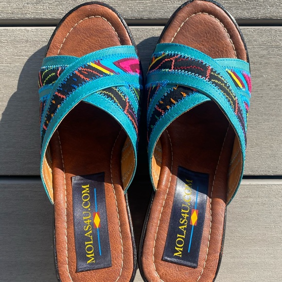 Handmade wooden heel, fabric wedges. Open toed. - Picture 1 of 4